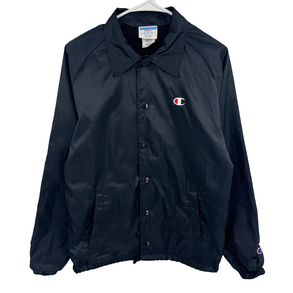 Vintage Champion Mens Coaches Jacket Black Windbreaker Snap Front Small